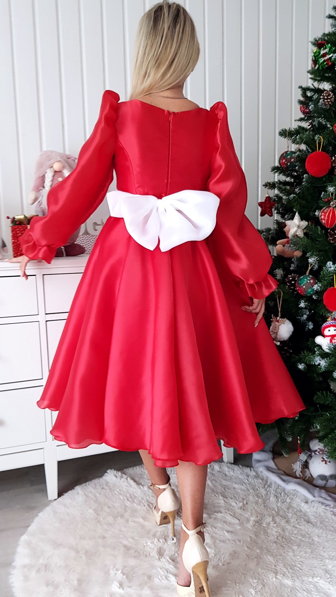 Rochie ocazie midi Sinziana midi rosu cu alb