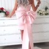 Rochie scurta ocazie cu funda maxi Celeste roz